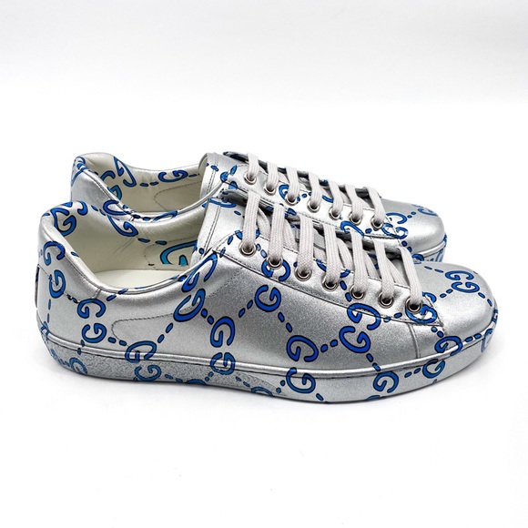 GUCCI Ace GG Coated Leather Sneakers Silver Mens - Picture 6 of 14